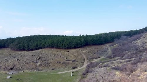aerial footage, flying to the pine forest near Sopot, Bulgaria.