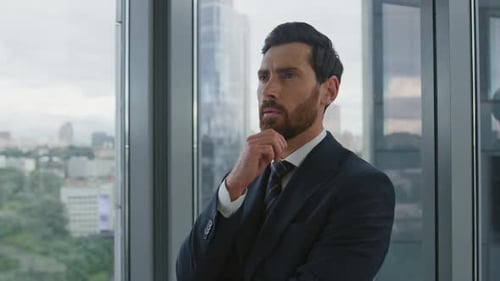 Thoughtful Ceo Director Looking On City View Standing Near Office Window Close Up. Confident Bear...