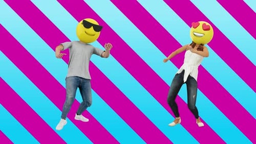 Two Animated Emoji Characters Dancing on a Vibrant Geometric Background