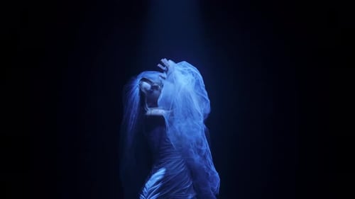 Woman in Dress and Veil Dancing in Dark