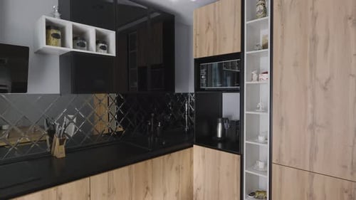 Modern Kitchen with Wood Cabinets and Black Countertops