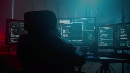 Hooded Figure Coding at Computer Station
