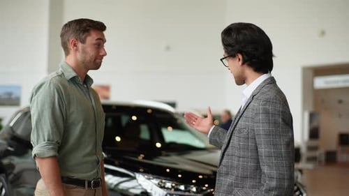 Two Men Shaking Hands in Car Showroom