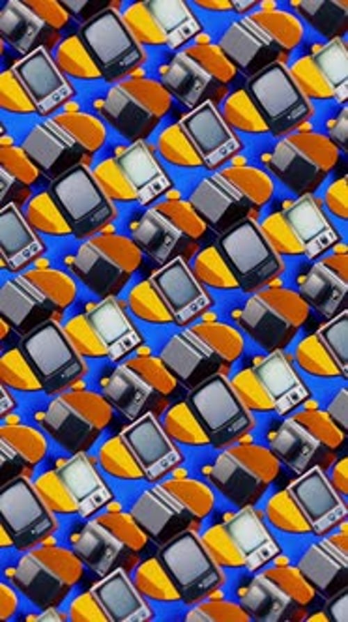 Retro Technology Devices Rotating in Seamless Grid Loop