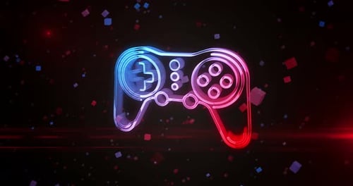 Concepto digital de bucle con símbolos de mando y joystick