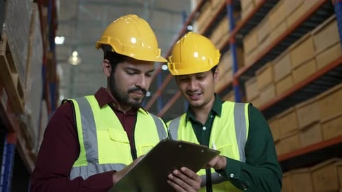 Blue collar workers are working at warehouse.