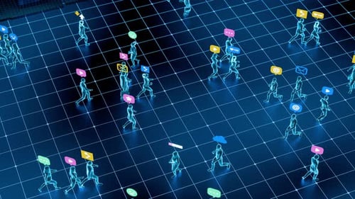 Digitale menschliche Figuren mit Social-Media-Ikonen