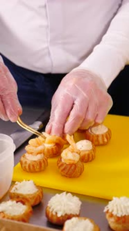 Cooking Delicious Shrimp Bruschetta in Restaurant Culinary Delight Appetizing Platter of Delicacies