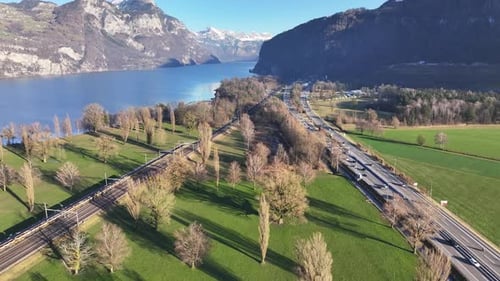 Aerial View of Walensee with Traffic Trails, Switzerland