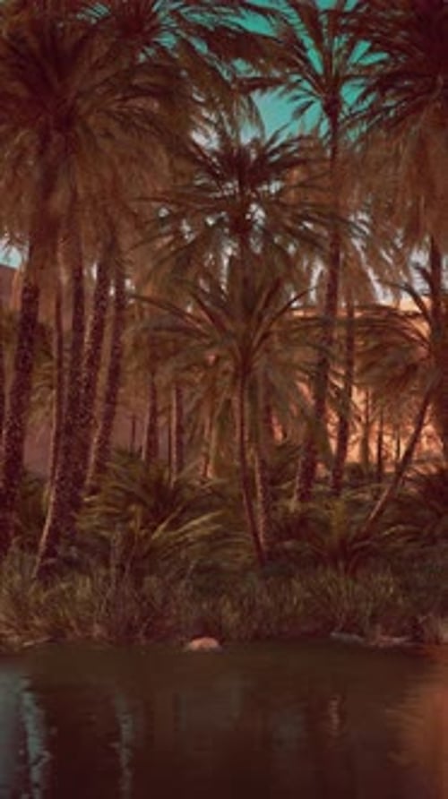 Majestic Palm Trees Reflecting in Tranquil Waters of the Arabian Desert Oasis