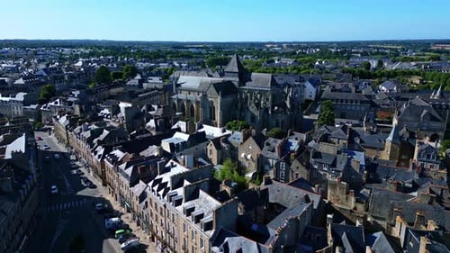 Panoramic aerial movement from the Saint-Malo church and its environment, Dinan, France.