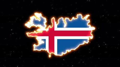 Fiery Outline of Iceland Map with Flag on Starry Background