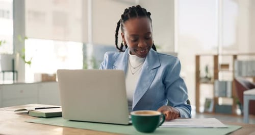 Media agency, laptop and black woman with smile, website info and submission for creative project