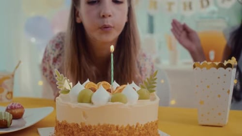 Child Blowing Out Candle on Decorated Birthday Cake