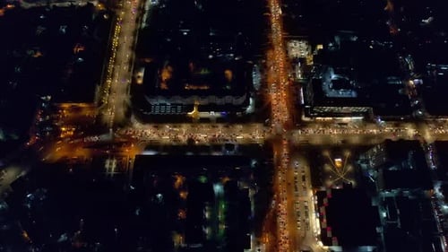Aerial drone vertical view of Chisinau at sunset, Moldova. View of city centre with multiple buildin