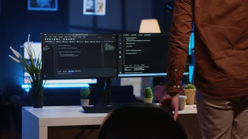 Remote Software Developer Arriving in Office at Home Starting Job Shift