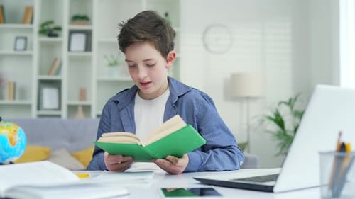 Curious school boy studies sitting at a table reading a book in a home classroom. Elementary