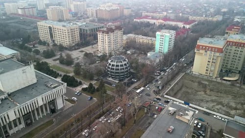 Sphere building in Bishkek, drone fly back shot