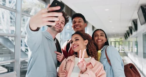 Group, selfie and student friends on campus at a university or college take picture to share