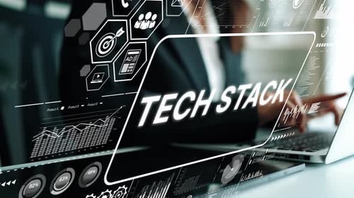 Conceito moderno de pilha de tecnologia de negócios com interface digital e elementos de visualização de dados. Asy