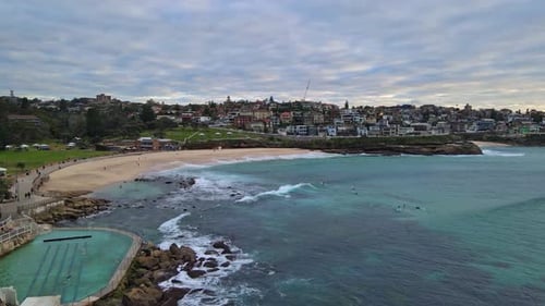 Bronte Baths And Green Park At The Shoreline Of Bronte Beach In NSW, Australia. aerial