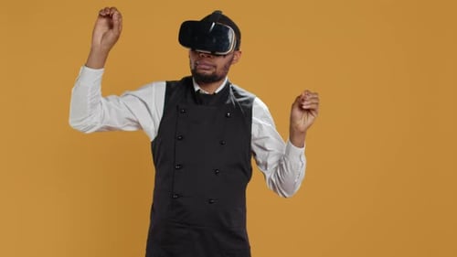 Restaurant Waiter Uses Virtual Reality Headset with Artificial Intelligence