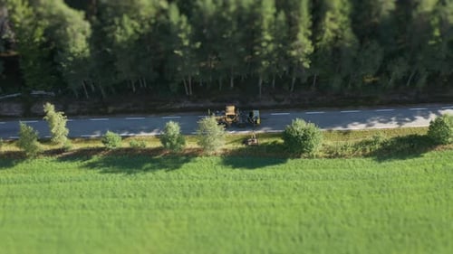 Roadside maintenance - a multipurpose tractor with a special cutting device attached, cutting grass,