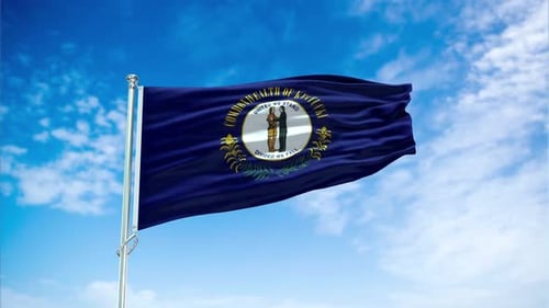 Kentucky State Flag Waving on Flagpole Against Blue Sky