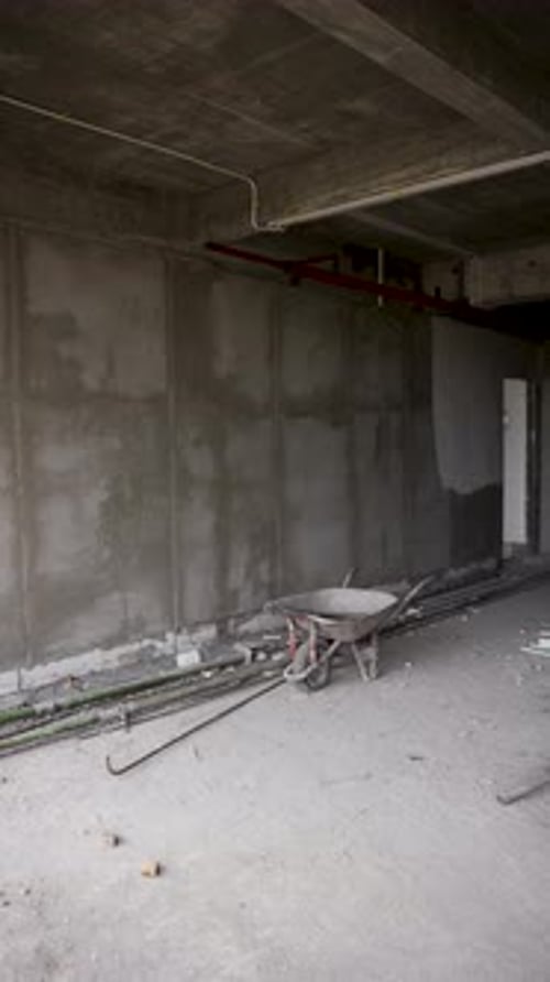 Inside the Building Under Construction Concrete Walls and Building Tools