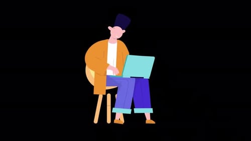 Cartoon Man Use Computer Alpha Channel 4K