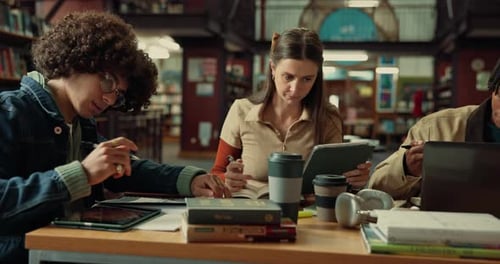 Group, studying and students in library, tablet and deadline for assignment, education and learning