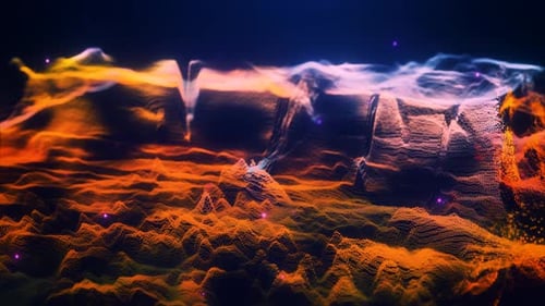 Abstract moving futuristic landscape of particles and dots of energy magic with glow and blur effect