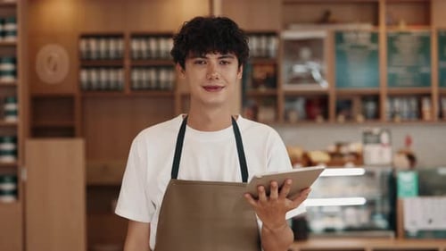 Portrait of Young Waiter in Apron Holding Tablet Computer in Cafe