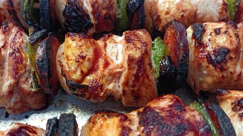 Close up of Grilled Meat and Vegetable Skewers