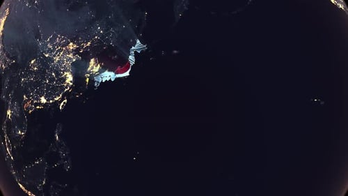 Earth View Reveals Japan Map with Flag and Light Rays