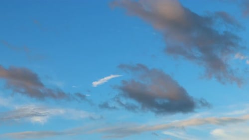 Slow moving clouds against the blue sky. Scattered clouds in clean blue sky.