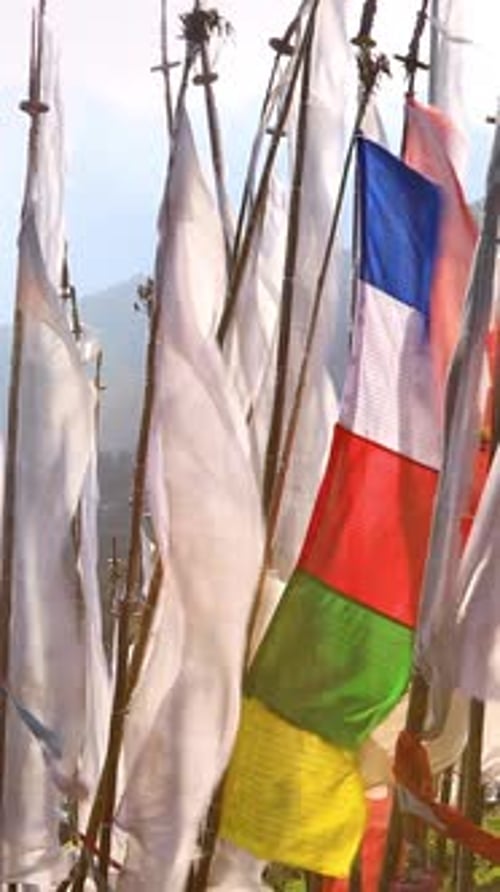 Buddhist Prayer Flags Blowing In The Wind.