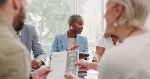 Business meeting, communication and diversity of a marketing meeting with office data