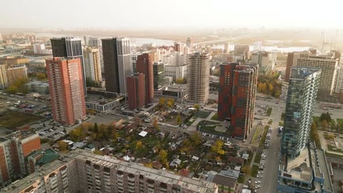 Aerial View of the City Block with Residential Buildings From the Height of the Flight The Central