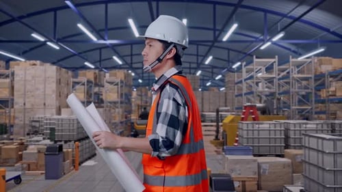 Asian Male Looking At Blueprint In His Hands While Walking and Inspecting in Warehouse