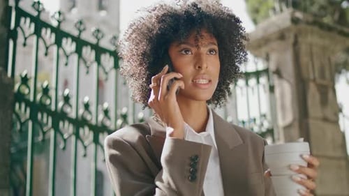Black Hair Woman Calling Mobile Holding Coffee Outdoors Closeup