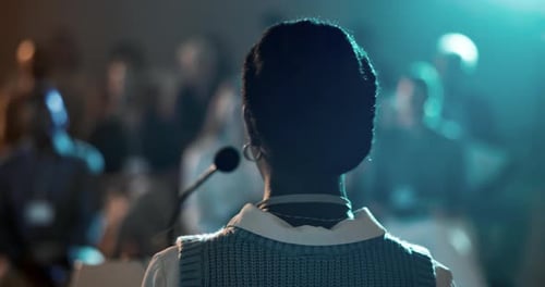 Woman, speaker and audience applause for presentation at convention for business start up