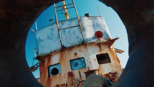 Verlassenes Schiff. Einzelheiten des gestrandeten und verlassenen Schiffes in der Stadt Teriberka
in Russland