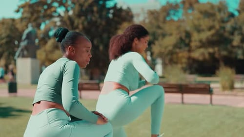 Women, friends and fitness in park with exercise, energy and training outdoor with healthy