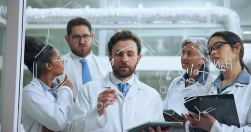 Communication, collaboration or scientist with glass board in lab, formula