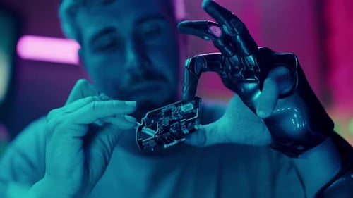 Man Holds Circuit Board with Robotic Arm