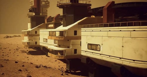 Futuristische Koloniestruktur auf einer fernen Wüstenplanetenlandschaft