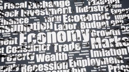 Economy Word Cloud and Walking People Crowd