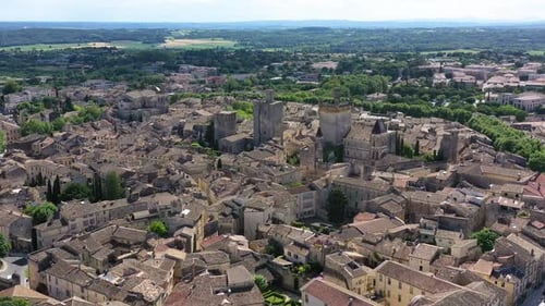 View of beautiful town of Uzes, Gard department, France. Aerial view of the historic town of Uzes, F