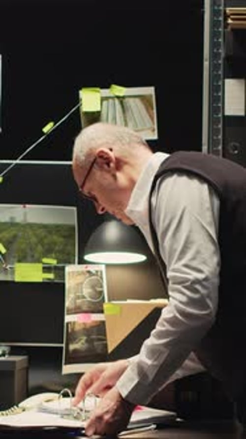 Man Reviewing Investigation Evidence in Dim Office
